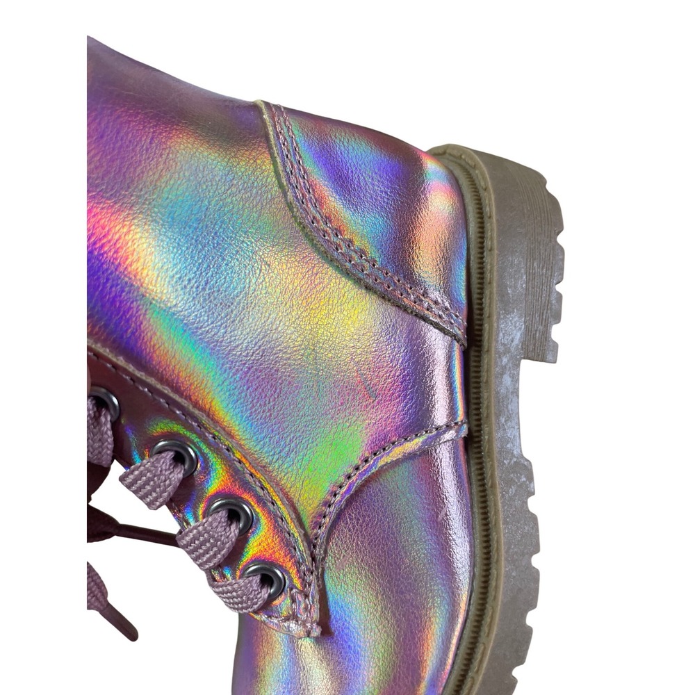 Old Navy Kids Pink Iridescent Holographic Lace Up Side Zip Combat Boots Size 6 - Picture 9 of 12